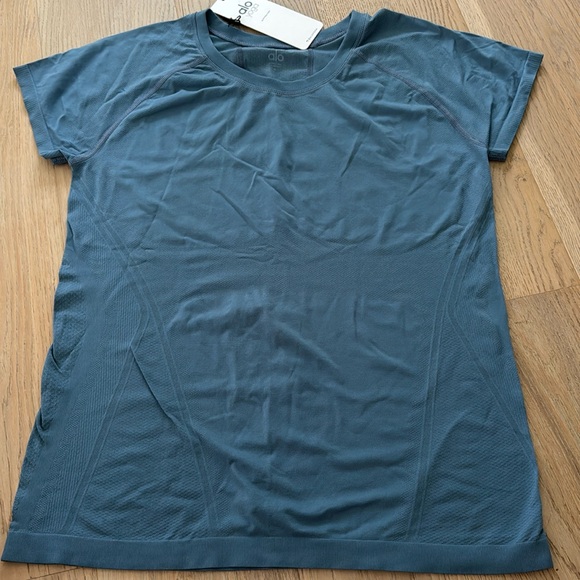 Alo Yoga Performance Top Blue t-shirt Sz L Slim Fit Short Sleeve Crew Neck - Picture 1 of 12